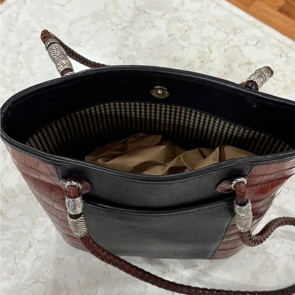 Brighton Caroline Bucket Purse Handbag Tote Black Leather Brown Croc & Dust Bag - Picture 4 of 10